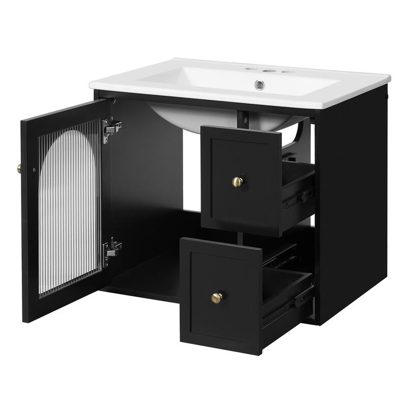 24" Bathroom Vanity Set Wall Mounted for Small Space, Bathroom Cabinet with Ceramic Sink, 2 Drawers and 1 Soft-Close Door