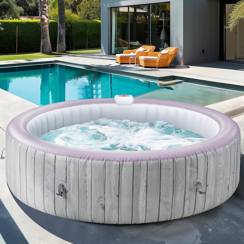 82''Inflatable Hot Tub w/Heating & Filters，Portable Hot Tub for Home Spa，6 Person Round Pool - wood grain