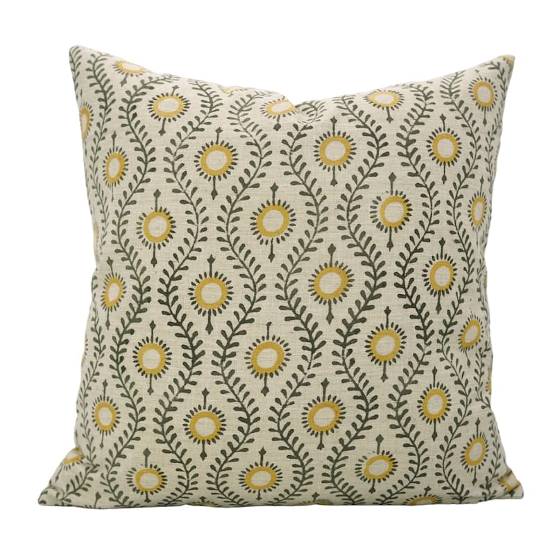 Fabdivine Handmade Floral or Weave Yellow Pillow Cover in Soft Linen for Block Print Room Boho Spring Home Décor, Lehar - Lehar- Yellow, Green - 18" x 18" - Pillow Covers