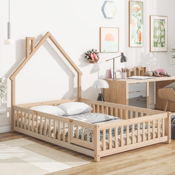 slide 2 of 27, Full Size Pine Wood House-Shaped Headboard Floor Bed with Fence for Kids, Boys and Girls Full - Natural