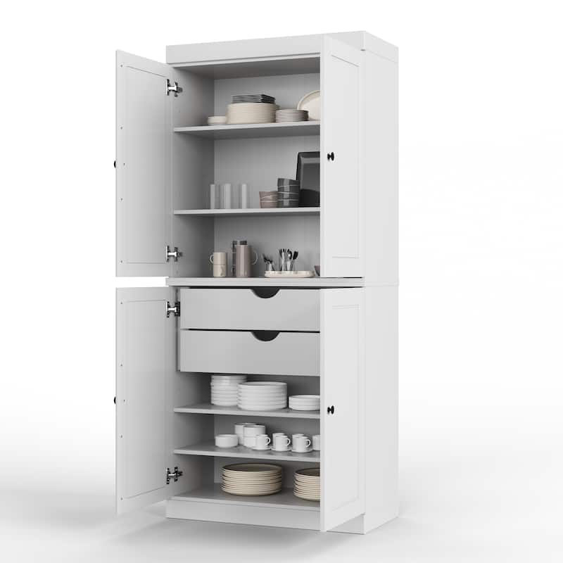 Solid Wood Tall Freestanding Kitchen Pantry Cabinet with Doors & 2 Drawers, Adjustable Shelves, Modular Storage, 32" W x 71.5" H