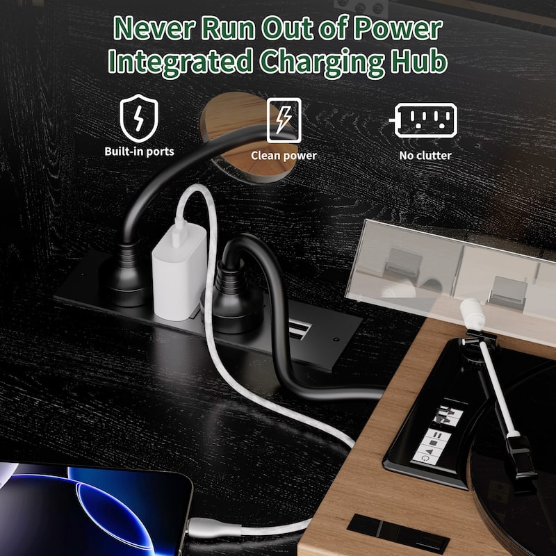 Record Player Stand with Power Outlet, Flip-Down Lid, Vinyl Storage for 300 Albums, Drawers and Steel Legs