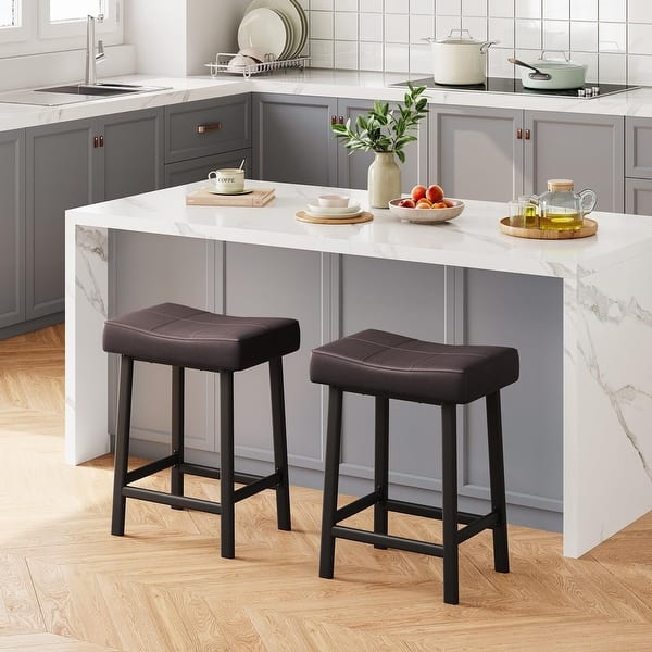 slide 2 of 8, Set of 2 Ergonomic 24" Counter Height Bar Stools with Curved PU Leather Seat, Metal Frame, Integrated Footrest, Supports 240 lbs Brown - 19.7x12.6x24in