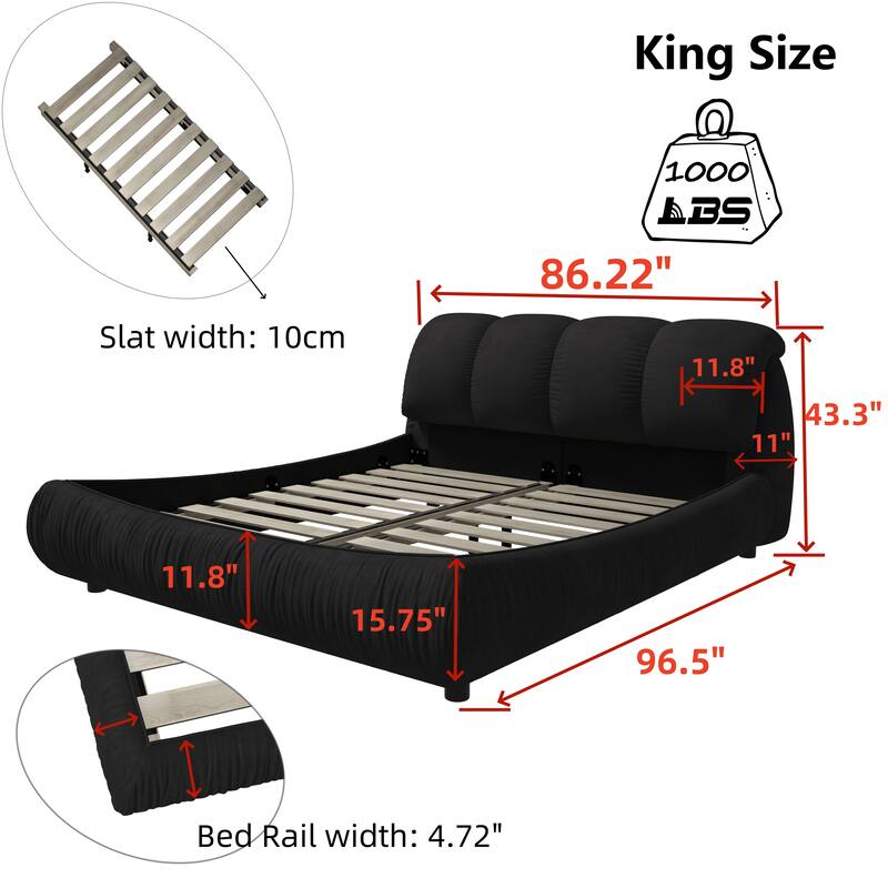 Queen/King Size Luxury Upholstered Platform Bed with Oversized Padded Headboard, Solid Wood Frame & Adjustable Mattress Height