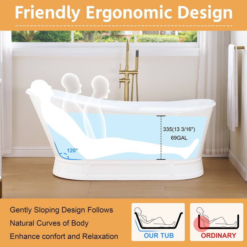 66'' W,69 GALLONS Freestanding Acrylic Soaking Bathtub With Drain And Overflow Holes