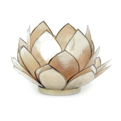 Brown Capiz Shell Opening Lotus Flower Bulb Tealight Candle Holder - 3.25 X 5 X 5 inches