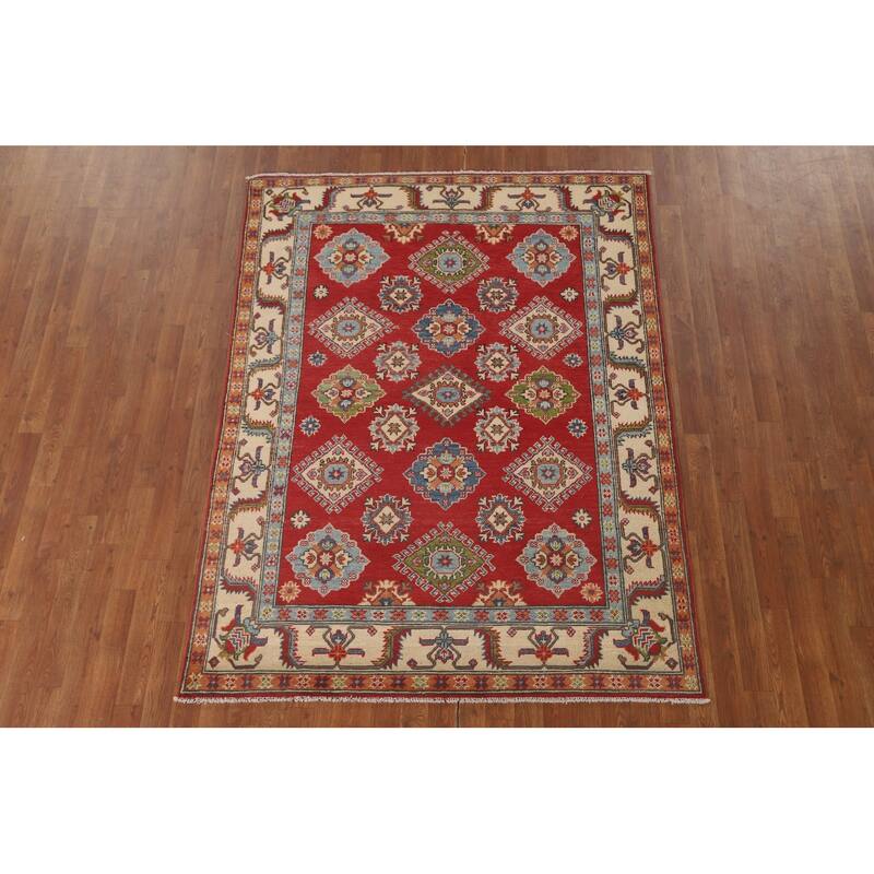 Red Geometric Kazak Area Rug Handmade Wool Carpet - 5'2" x 6'8"