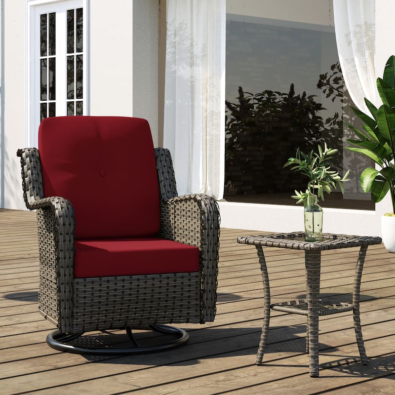 Outdoor Patio Woven Rattan Swivel Rocking Chair with Cushions - Red
