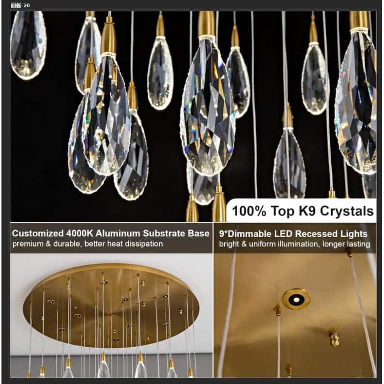 KAYLA 45in Long Crystal Chandelier 43-Lights Gold Large Spiral Staircase Chandeliers