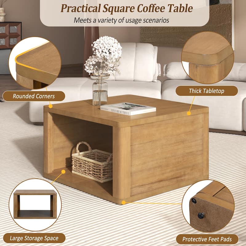 Square Coffee Table in Farmhouse Coffee Table with Storage,2-Tier Center Table with Half Open Storage Compartment in 30.8"