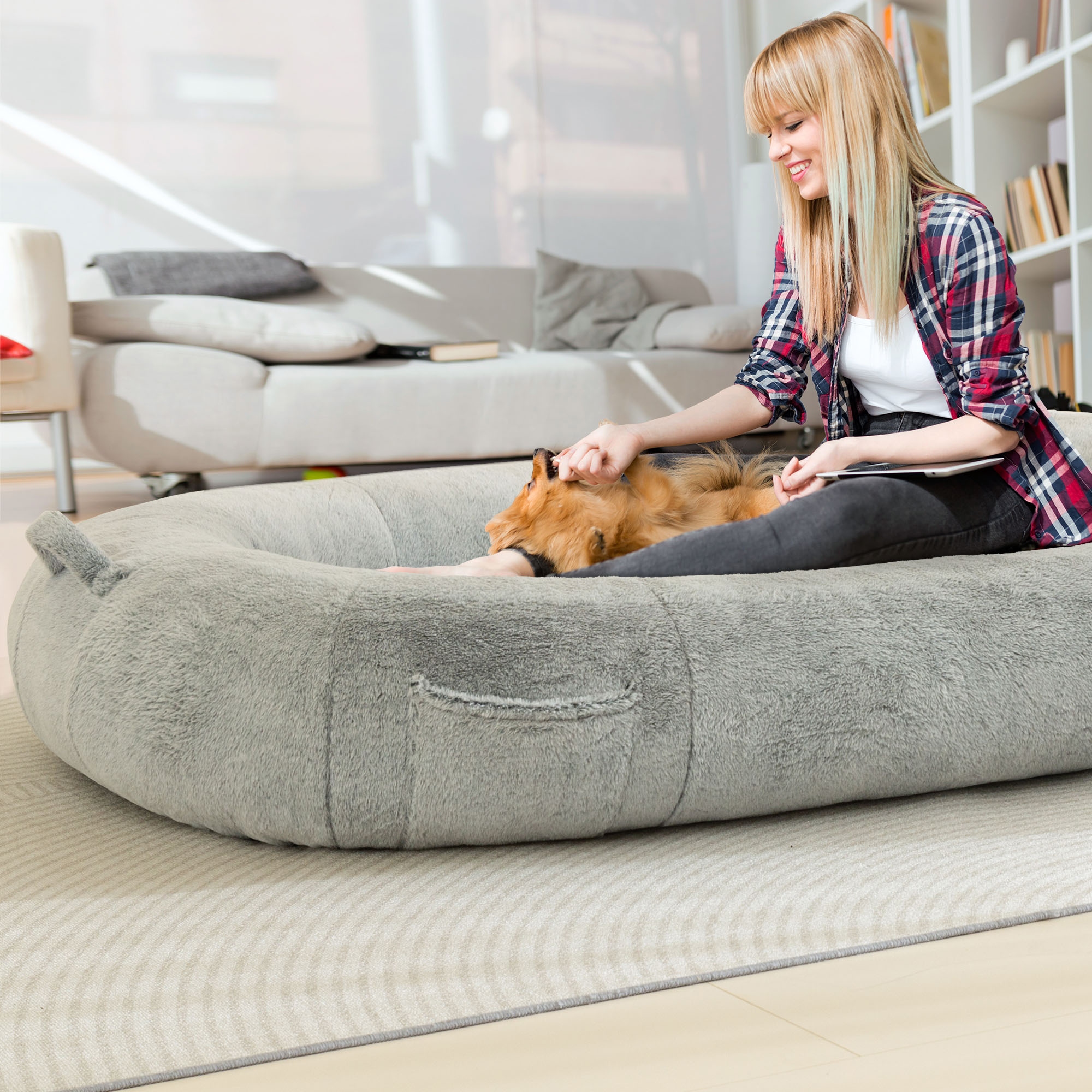 Giant Faux Fur Bean Bag Bed or Dog Bed for Humans and Pets Grey
