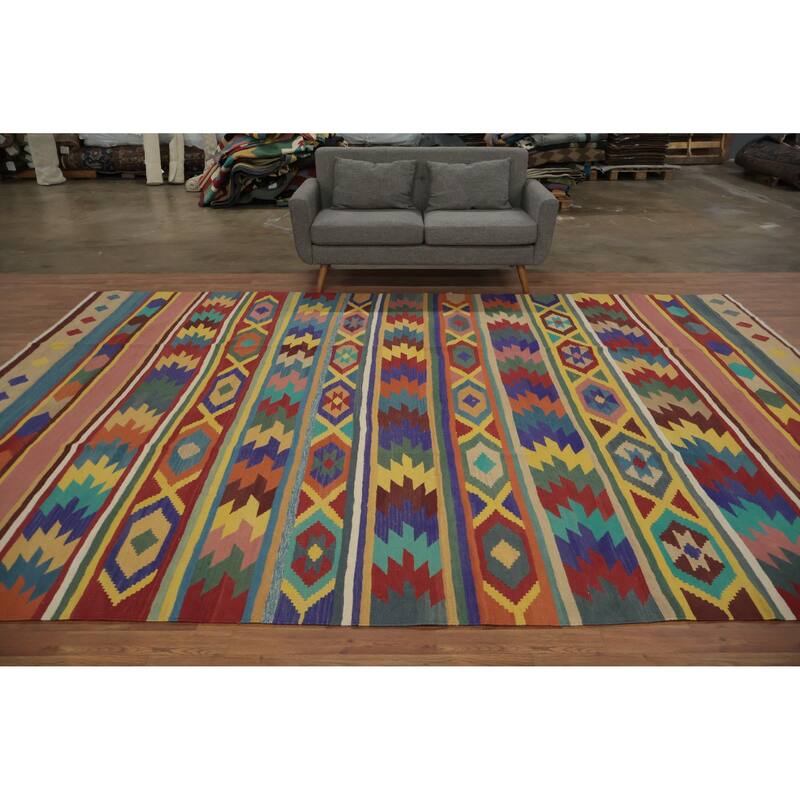 Hand Woven Oriental 100% Wool Carpet Southwestern Tribal Multi-Colored Kilim Area Rug - 13' 5'' X 9' 4''