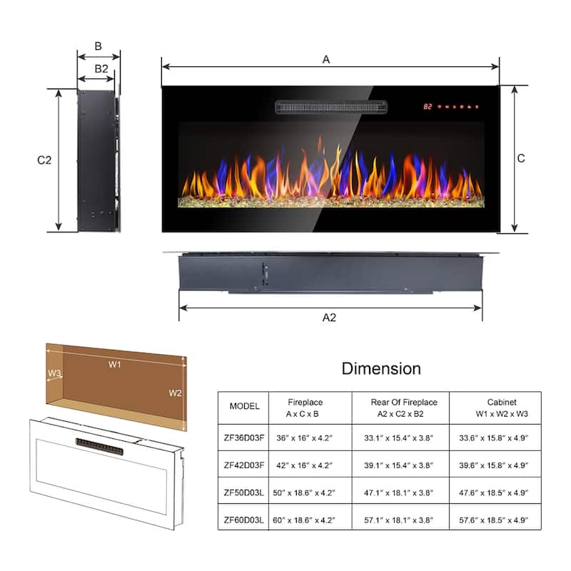 60" Tempered Glass Wall Mounted Electric Fireplace w/ LED Light Heater