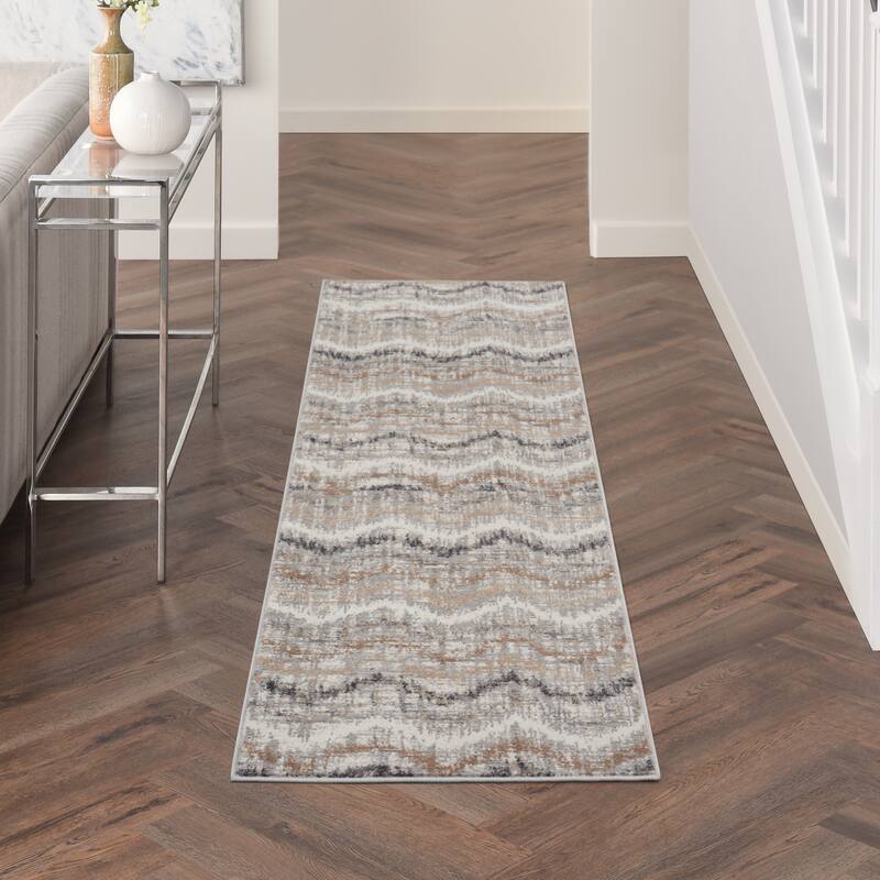 Nourison Elation Chevron Abstract Modern Area Rug - 2'3" x 7'6" Runner - Grey Ivory - Rectangle