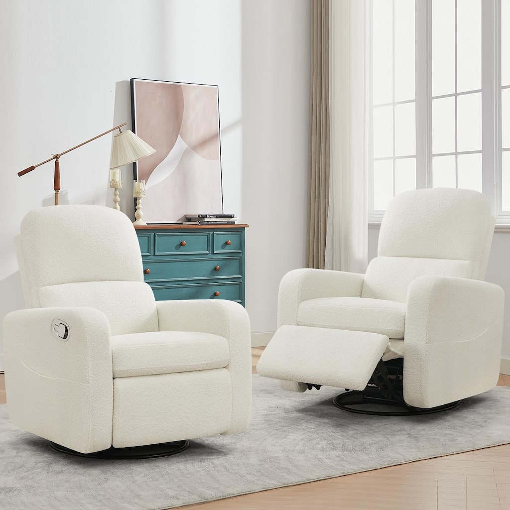 Swivel Manual Recliner Chair Teddy Fabric Nursery Glider Rocking Recliner Set of 2