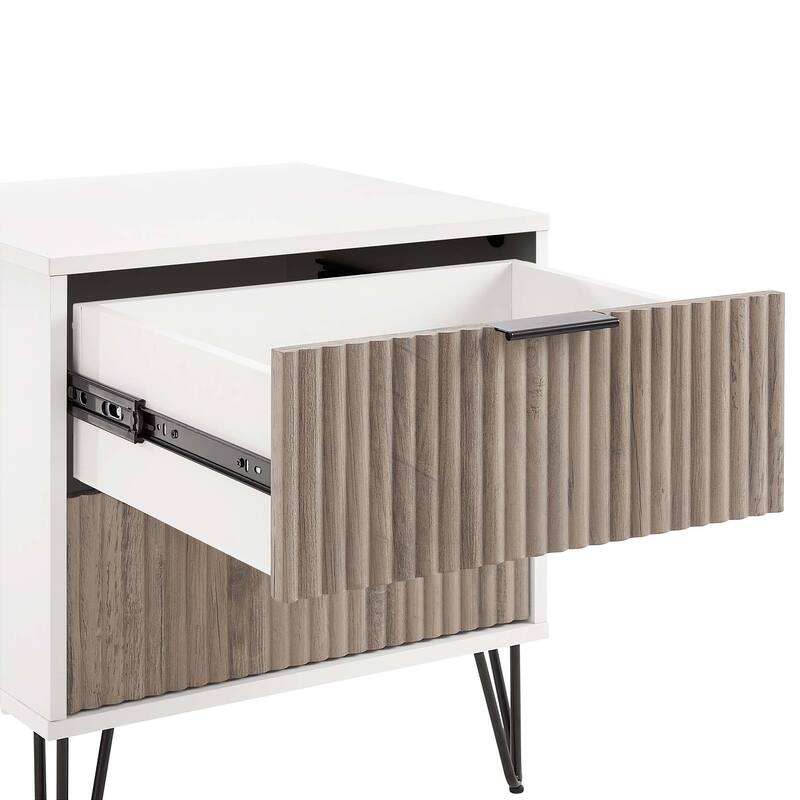 Fluted Nightstand with 2 Drawers Metal Legs Tool Free Assembly