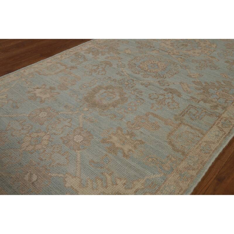 Vegetable Dye Oushak Turkish Runner Rug Handmade Blue Wool Carpet - 2'10" x 9'10"