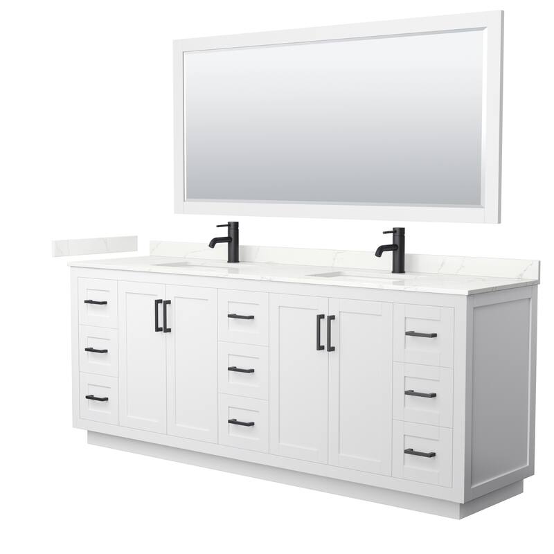 Miranda 84-inch Double Vanity, Quartz Top, 70-inch Mirror - White, Black Trim, Giotto Quartz Top
