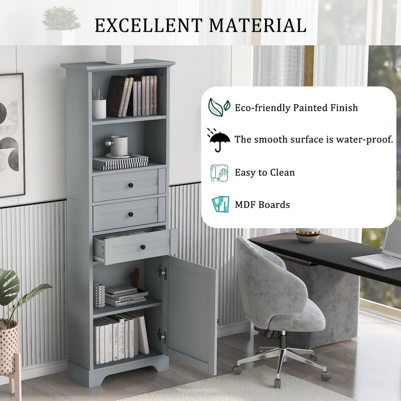 68" Tall Freestanding Bathroom Cabinet with 3 Drawers and Adjustable Shelves