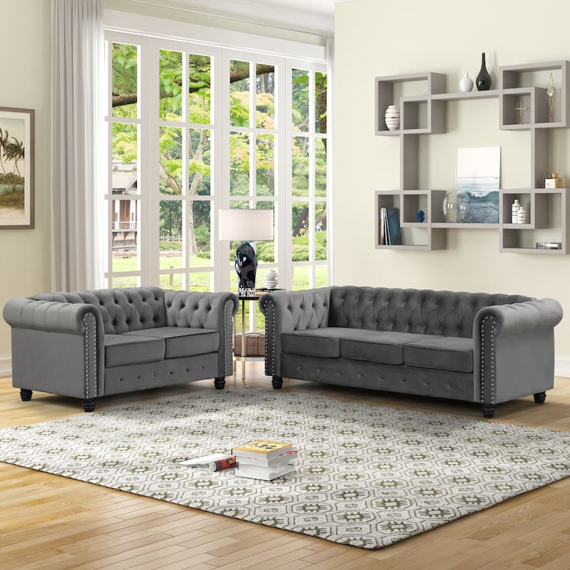 Morden Fort Classic Tufted Velvet Upholstered Chesterfield Club Loveseat and Sofa 2Pieces with Nailhead for Living Room