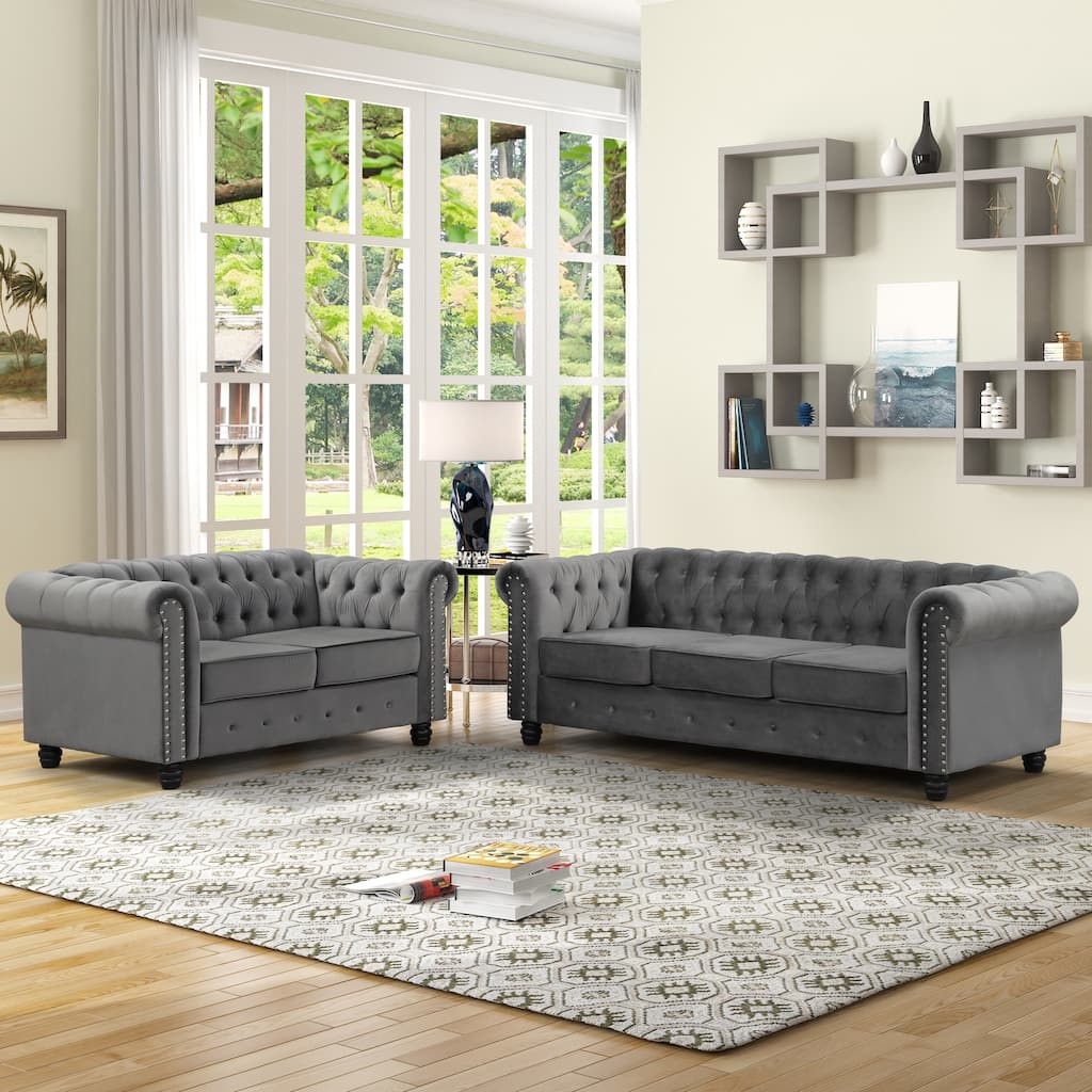 Morden Fort Upholstered Chesterfield Loveseat and Sofa, 2 Pieces Velvet Tufted Furniture with Nailhead for Living Room