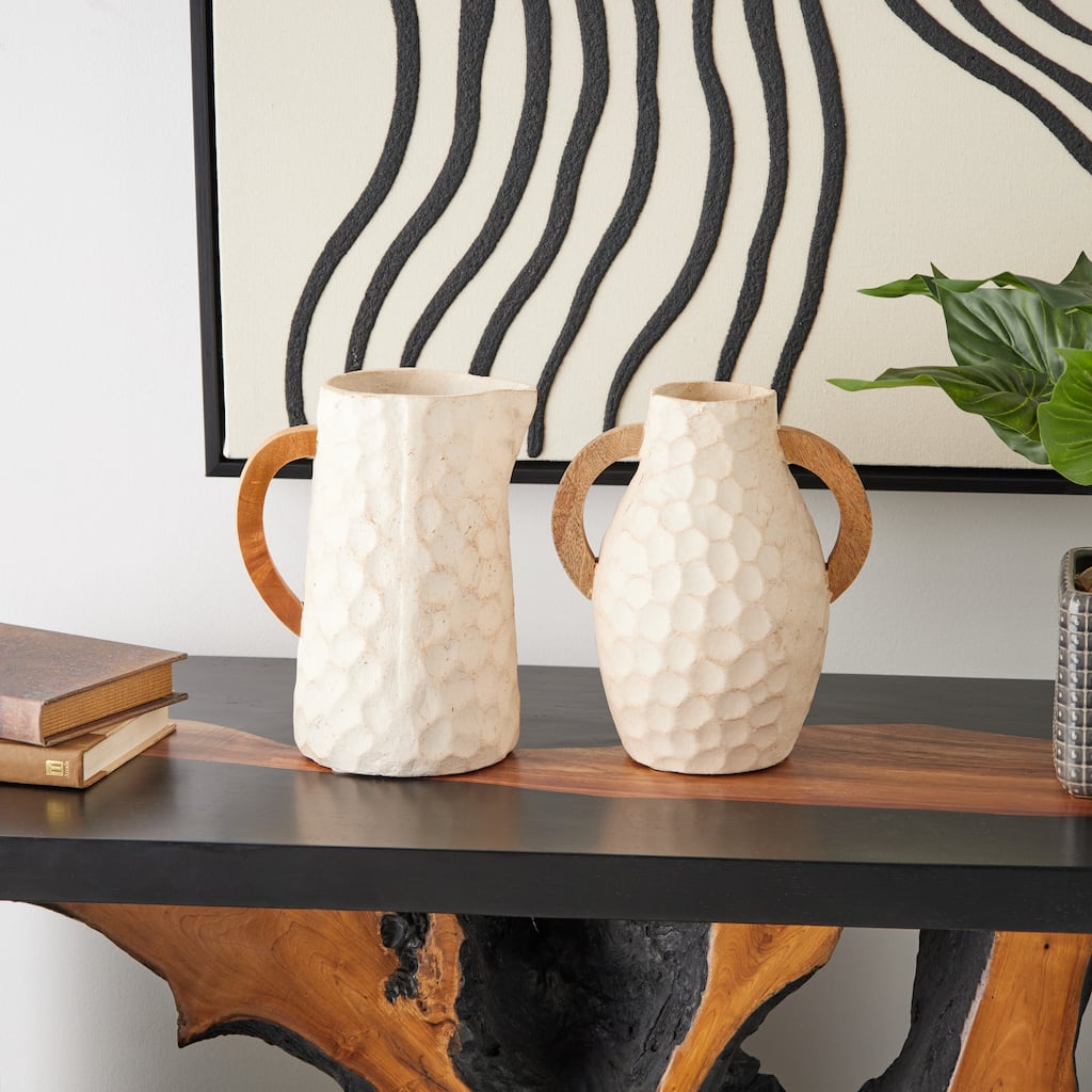 Beige Paper Mache Honeycomb Inspired Jug Decorative Vase with Brown Wooden Handles (Set of 2)