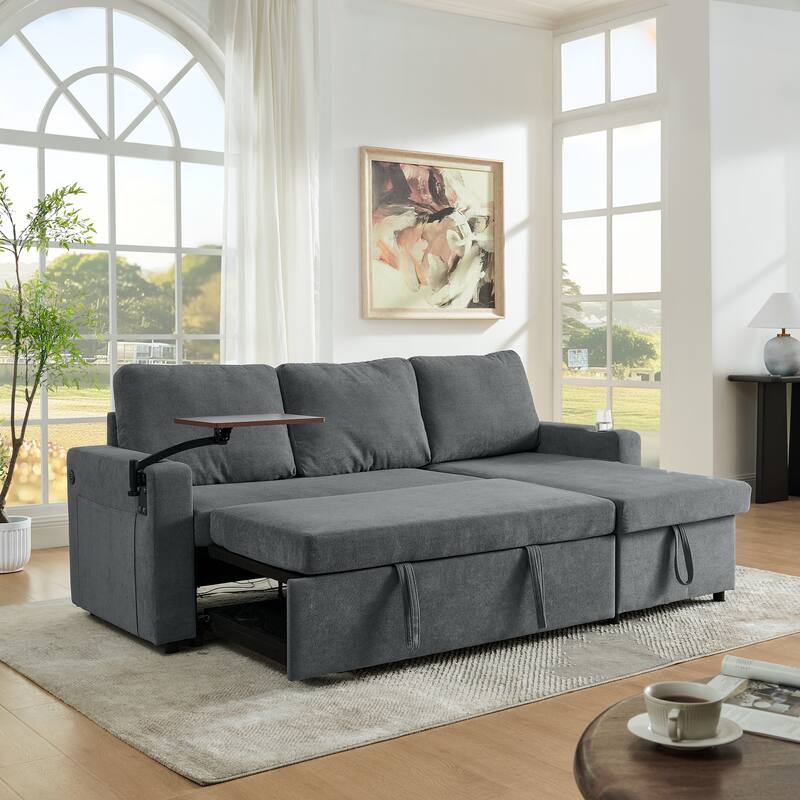 Pull Out Sleeper Sofa Bed Chenille L-shaped Sectional Couch with Storage Chaise, Retractable Table, LED, USB and Cup Holders