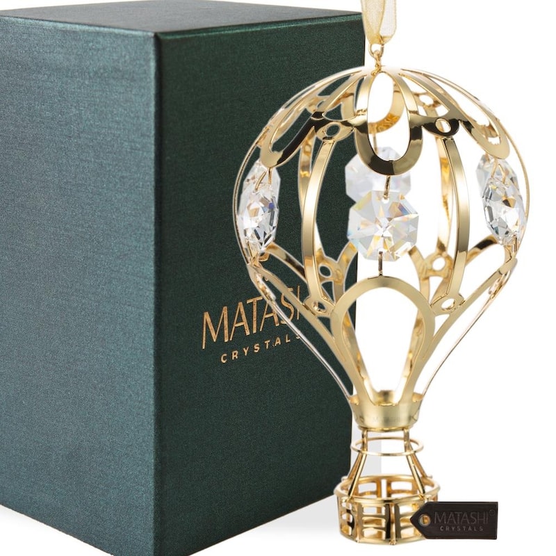24k Gold Plated Mini Hot Air Balloon Ornament Made with Genuine Matashi Crystals