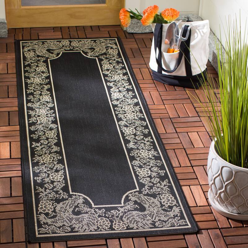 SAFAVIEH Courtyard Terry Indoor/ Outdoor Waterproof Patio Backyard Rug - 2'3" x 10' Runner - Black/Sand