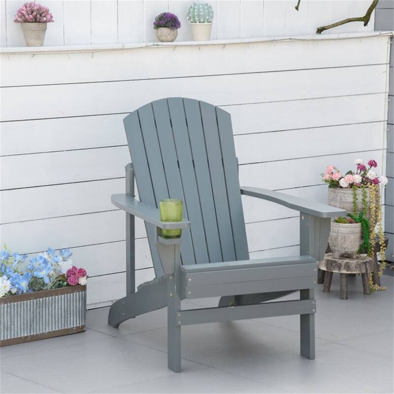 Comfortable Fir Wood Adirondack Chair with Tilt Slatted Back and Wide Armrests and Cup Holder - 28.5" W x 38.2" D x 36.6" H