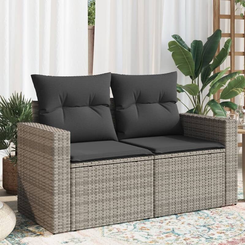 vidaXL Patio Sofa with Cushions 2-Seater Modular Couch Loveseat Poly Rattan - 24.4 x 51.6 x 27.2 in - Gray without storage