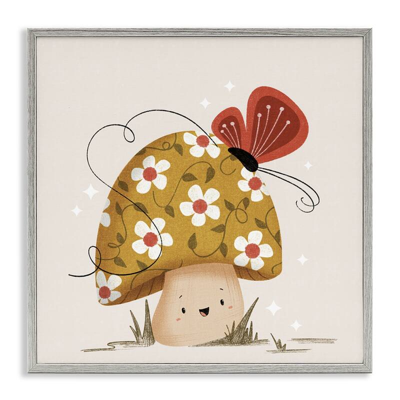 Stupell Happy Mushroom & Butterfly Framed Giclee Art Design By Sarah Hickman - 24 x 24 - Grey