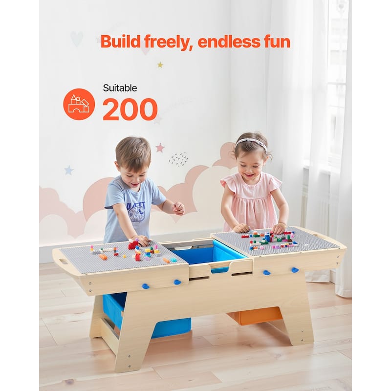 Natural Wooden Kids Table with 3 Storage Bins and Bricks - 35.6 x 19.6 x 15.5 in