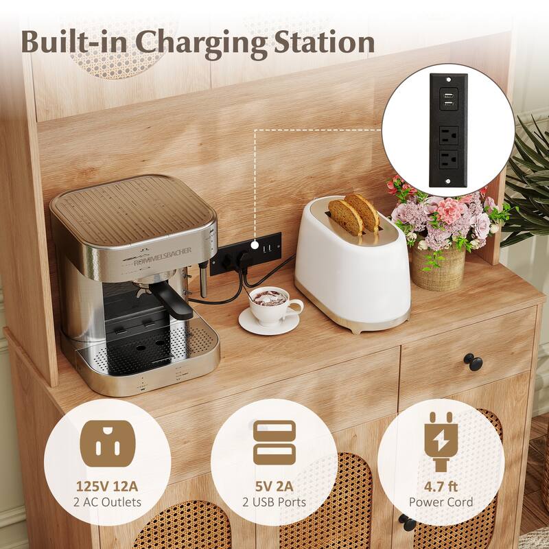 Gymax Kitchen Pantry Cabinet w/ Charging Station 71'' Tall Kitchen - Natural