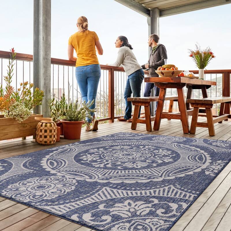 Beverly Rug Blue Medallion Indoor Outdoor Rug, Outside Carpet for Patio, Deck, Porch