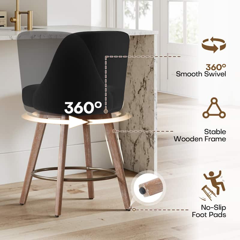 26" Upholstered Counter Height Swivel Bar Stool, Counter Stools with Solid Wood Legs - 39.37"H x 22.44"D x 21.65"W