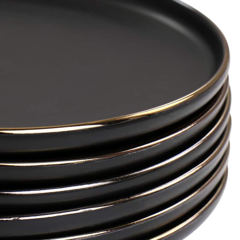 Elama Paul 6 Piece Stoneware Salad Plate Set in Matte Black with Gold Rim - 8 Inches
