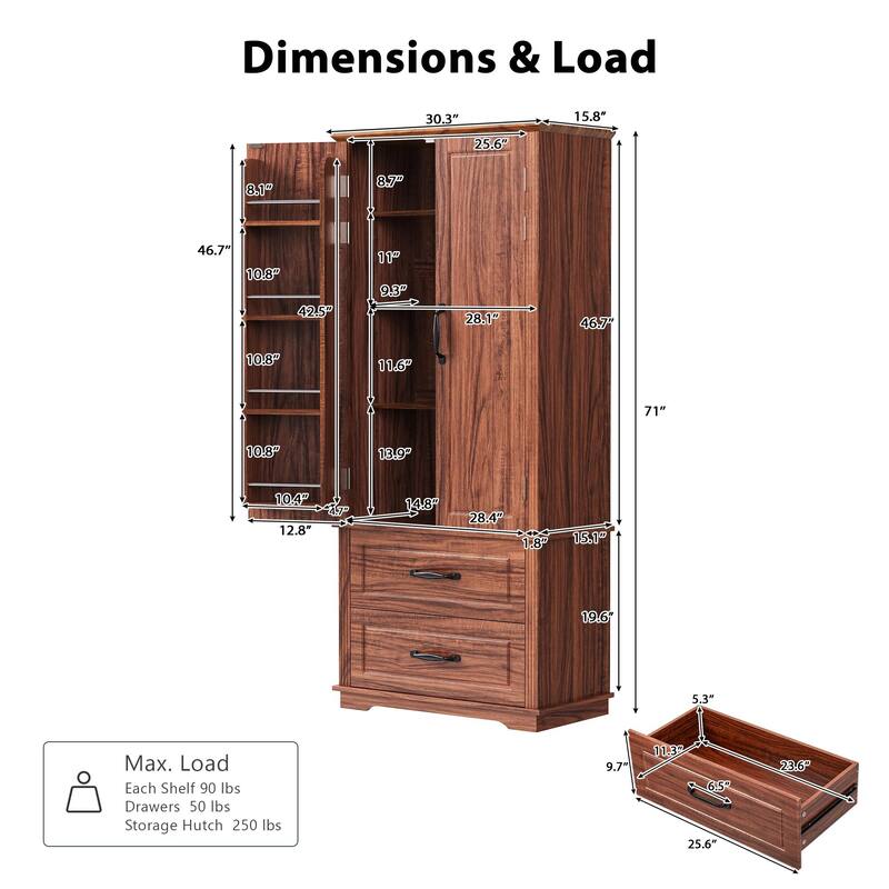 71"Kitchen Pantry Cabinet with 2 Drawers,Embossed Texture Freestanding Cabinet with 8 Door Shelves and 3 Cabinet Shelves