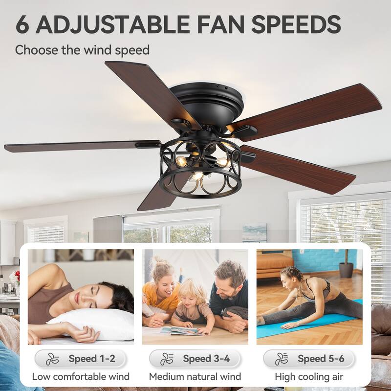 52-inch Flush Mount Caged Ceiling Fan with Light and Remote(5 Reversible Blades)