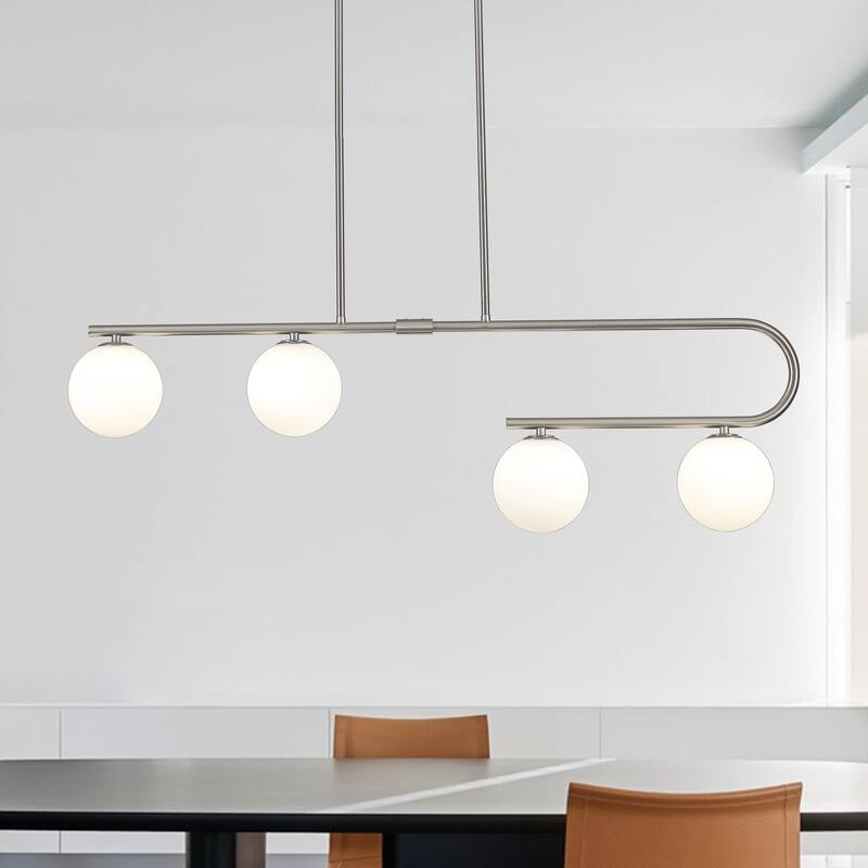 4-Light Modern Hanging Island Linear Chandelier Lighting Fixture with Glass Shade for Kitchen Foyer Dining Room - Nickel