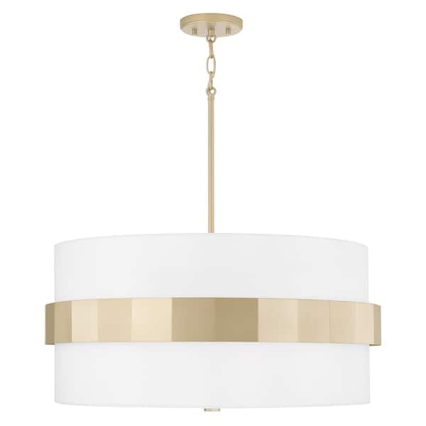 slide 2 of 4, Sutton 4-light Soft Gold Large Drum Pendant w/ White Fabric Shade & Frosted Glass Diffuser
