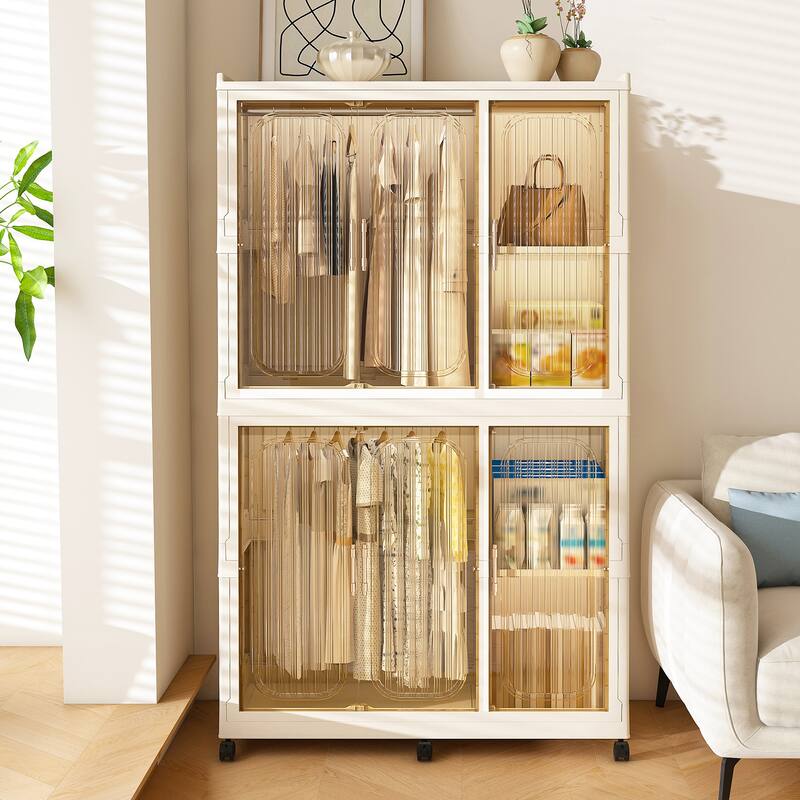 Portable Wardrobe Closet Storage Organizer for Clothes,Clothes Dresser,6 Magnetic Doors-6 Cubes & 2 Hanging Rod,6 pcs hangers - Cream White