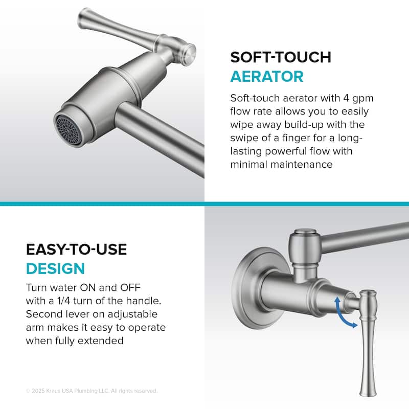 KRAUS Allyn Wall Mount Pot Filler Kitchen Faucet with Retractable Arm