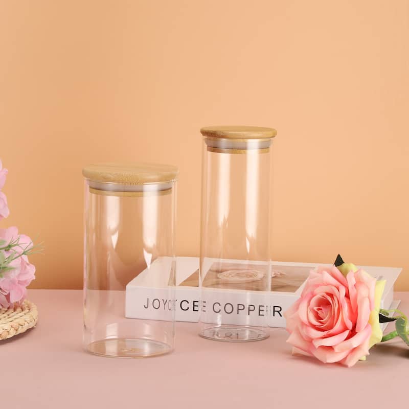 2Pcs 22oz Glass Jar with Airtight Bamboo Lid Glass Kitchen Container (16x8cm) - Transparent