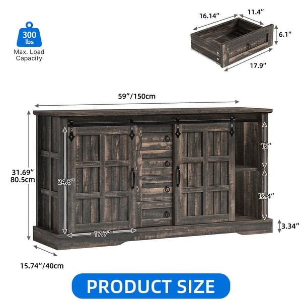 dimension image slide 2 of 3, Farmhouse Sideboard Buffet Cabinet with Storage-Sliding Barn Doors and 4 Drawers