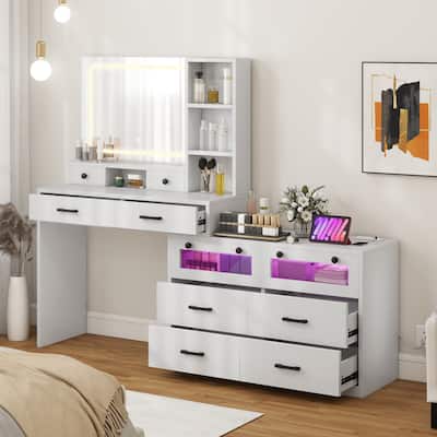 Moasis 65" Makeup Vanity Desk with 10 Drawers, RGB LED Mirror and Charging Station