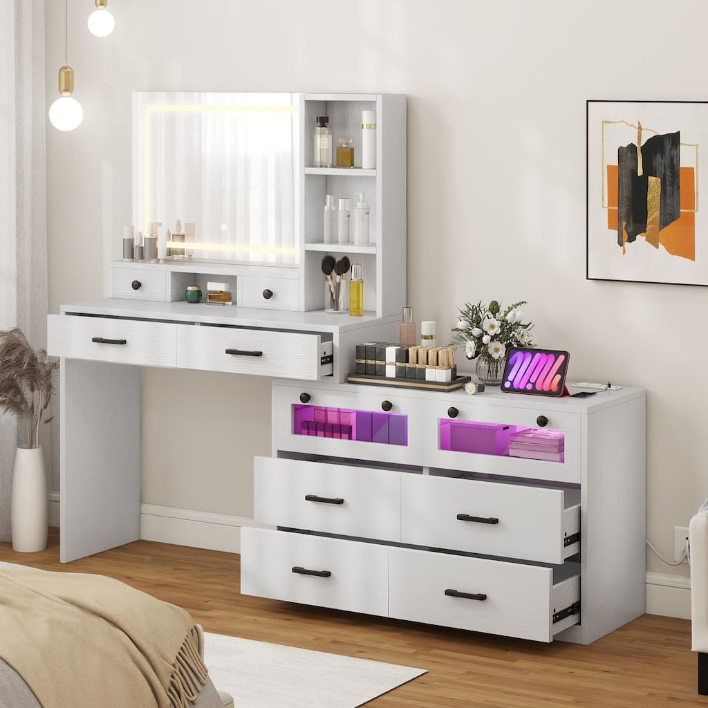 Moasis 65" Makeup Vanity Desk with 10 Drawers, RGB LED Mirror and Charging Station