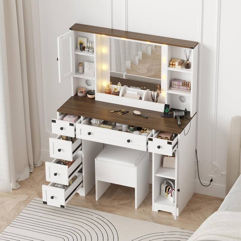 Makeup Vanity Table with 6 Drawers and 2 Cabinets,Vanity Table with Mirror and Lights