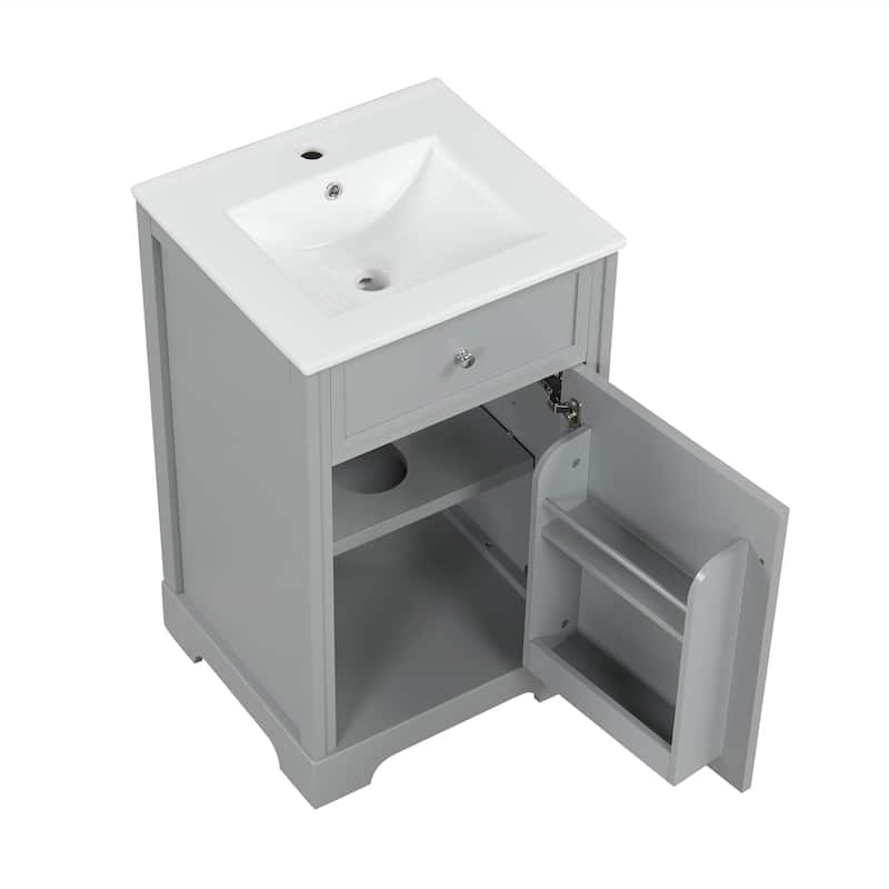 Bathroom Vanity with Ceramic Top Sink, Bathroom Cabinet with Two-Tier Storage, Single Basin Vanity Set with Adjustable Shelves
