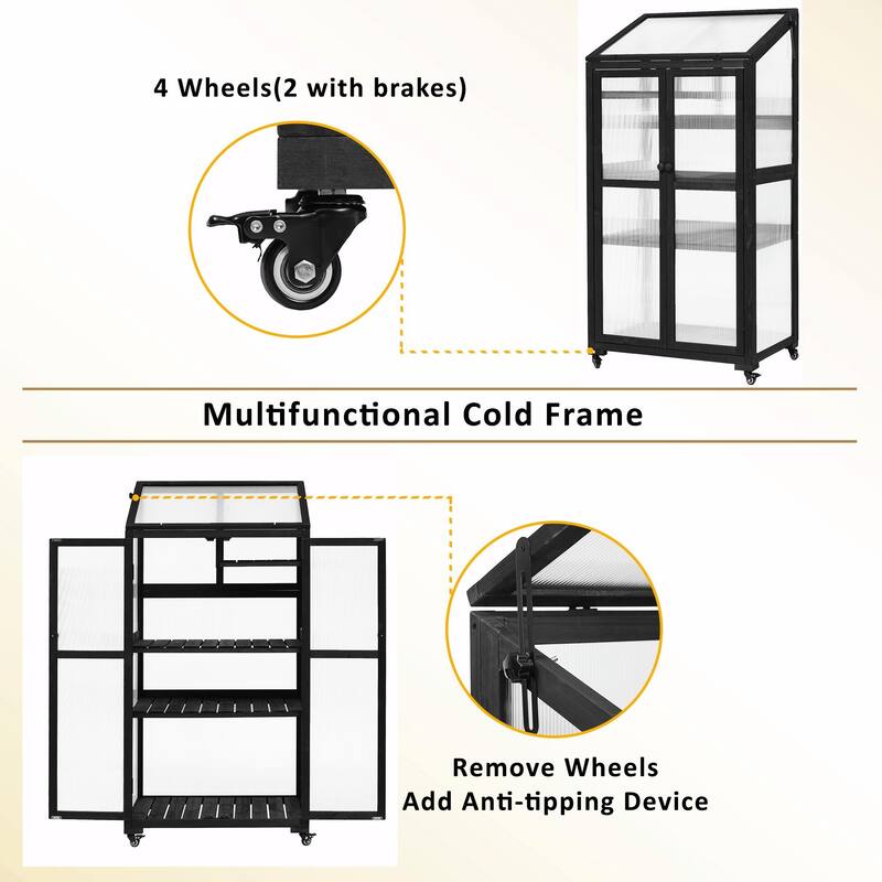 62-Inch Wood Greenhouse with Wheels and Adjustable Shelves